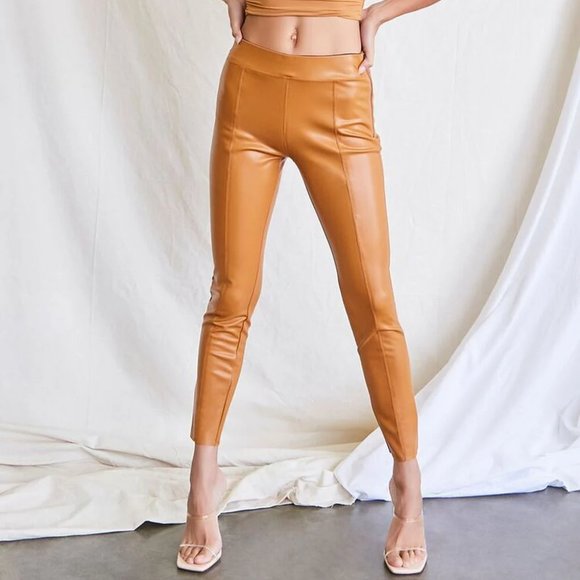 Faux Leather  Ankle Pants Med Coated Camel Brown Straight Skinny Stretch - Picture 9 of 12
